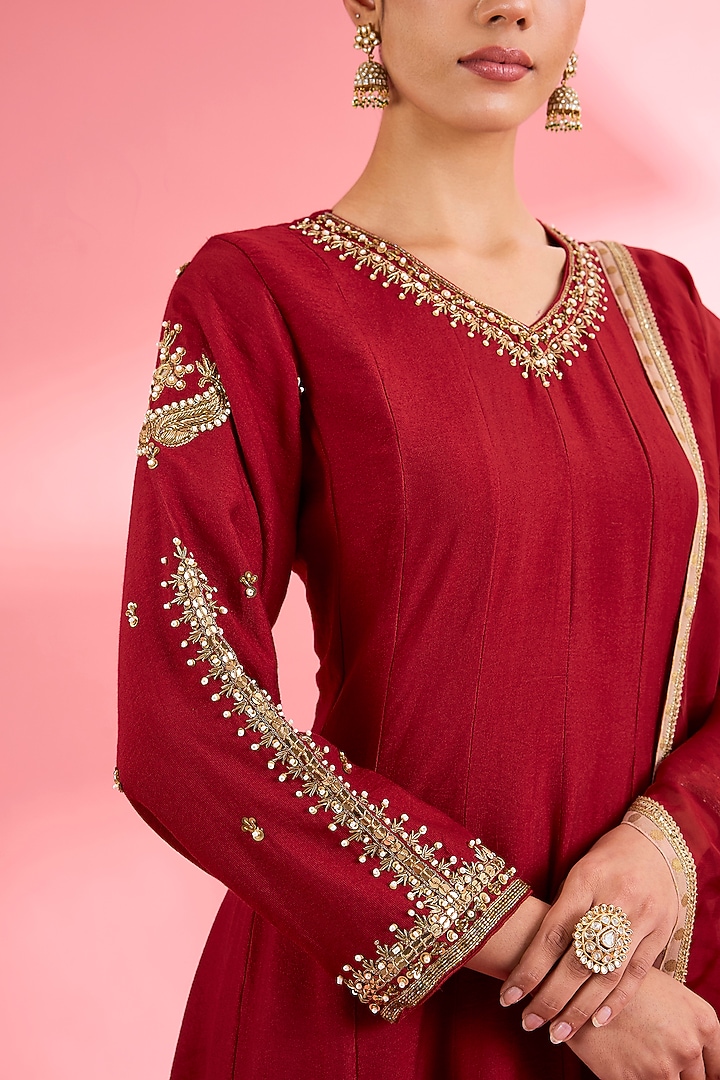 Maroon Katan Silk Cutdana Embroidered Flared Kurta Set by Milu Madan at Pernia's Pop Up Shop